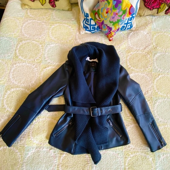 G.I.Ll. Blue faux leather belted moto jacket, attached knit shawl collar NWOT - Picture 3 of 15